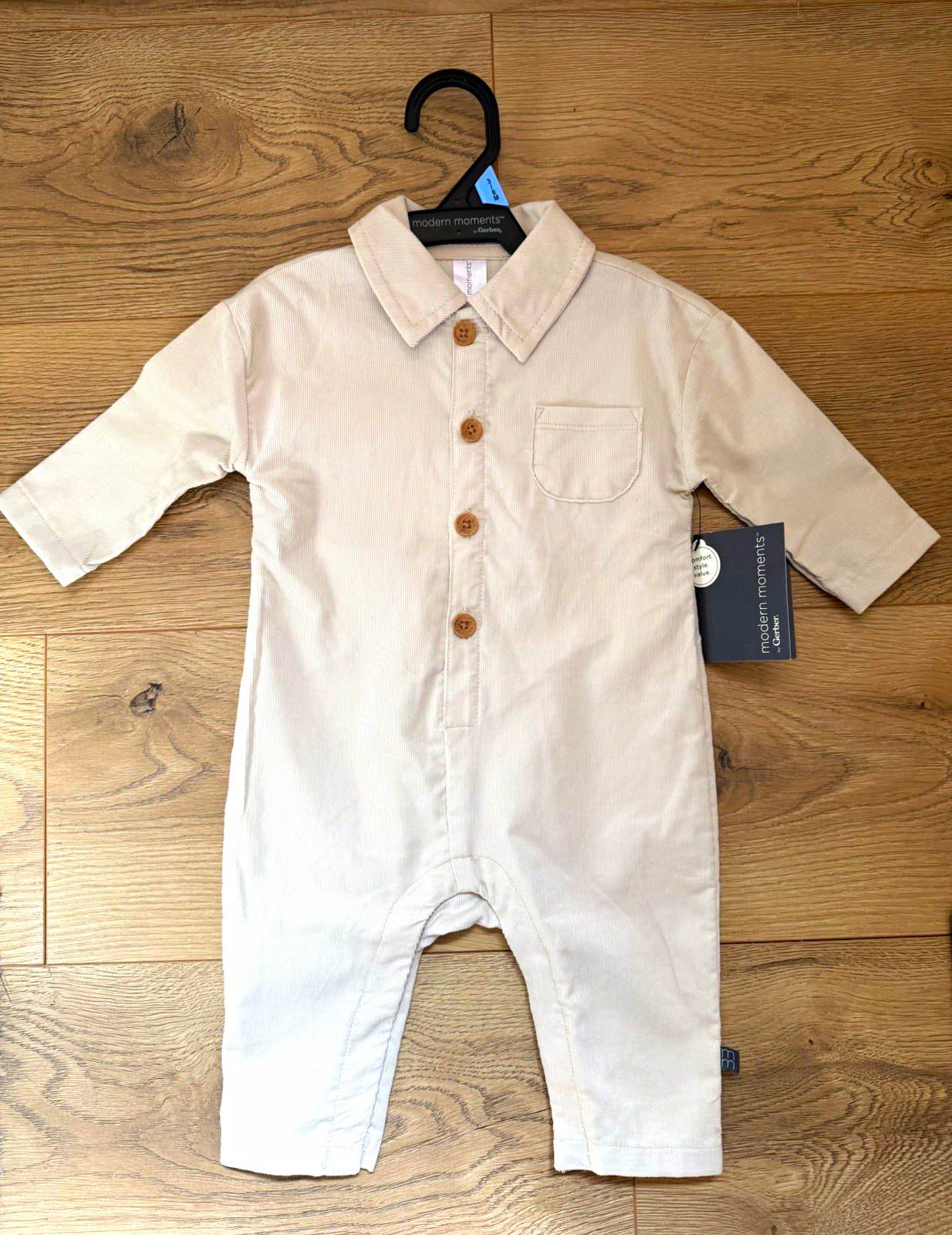 NWT Modern Moments by Gerber Beige Corduroy Cotton Collared Button Coverall 3-6M