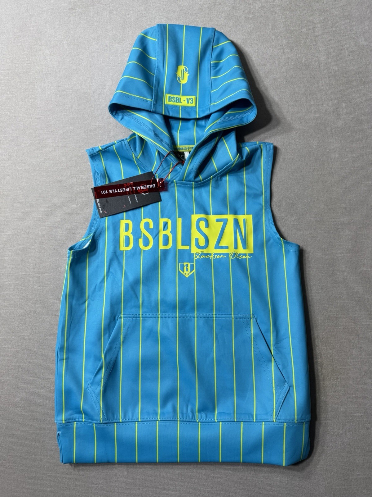 NWT Baseball Lifestyle 101 BSBL SZN V3 Hoodie Teal Sleeveles Striped Youth Small