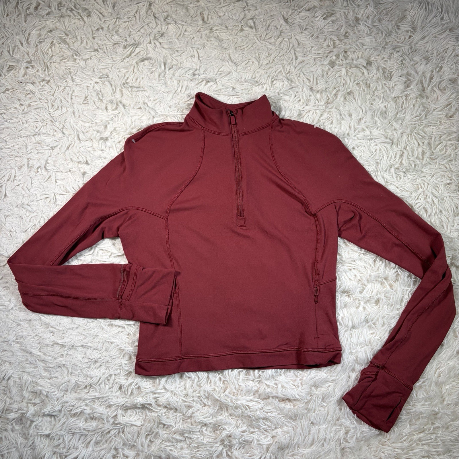 Lululemon Women’s Red Mock Neck 1/2 Zip Long Sleeve Thumbholes Stretch Sz 6