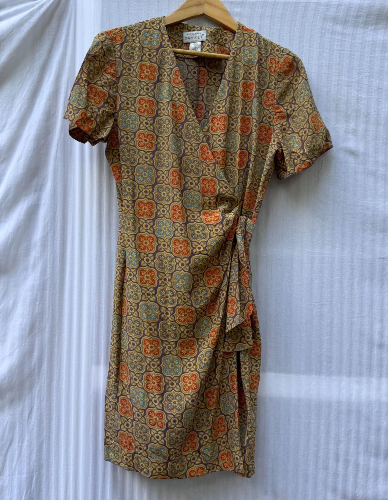 VTG Adrianna Papell 100% Silk Faux Wrap Dress Size 6 Geometric Medallion Purple*