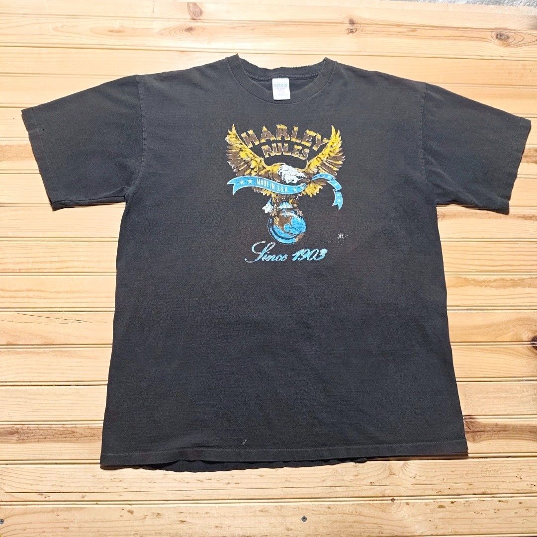 Vintage 90s Harley Rules Eagle Globe Biker Motorcycle Graphic T-Shirt USA - XL