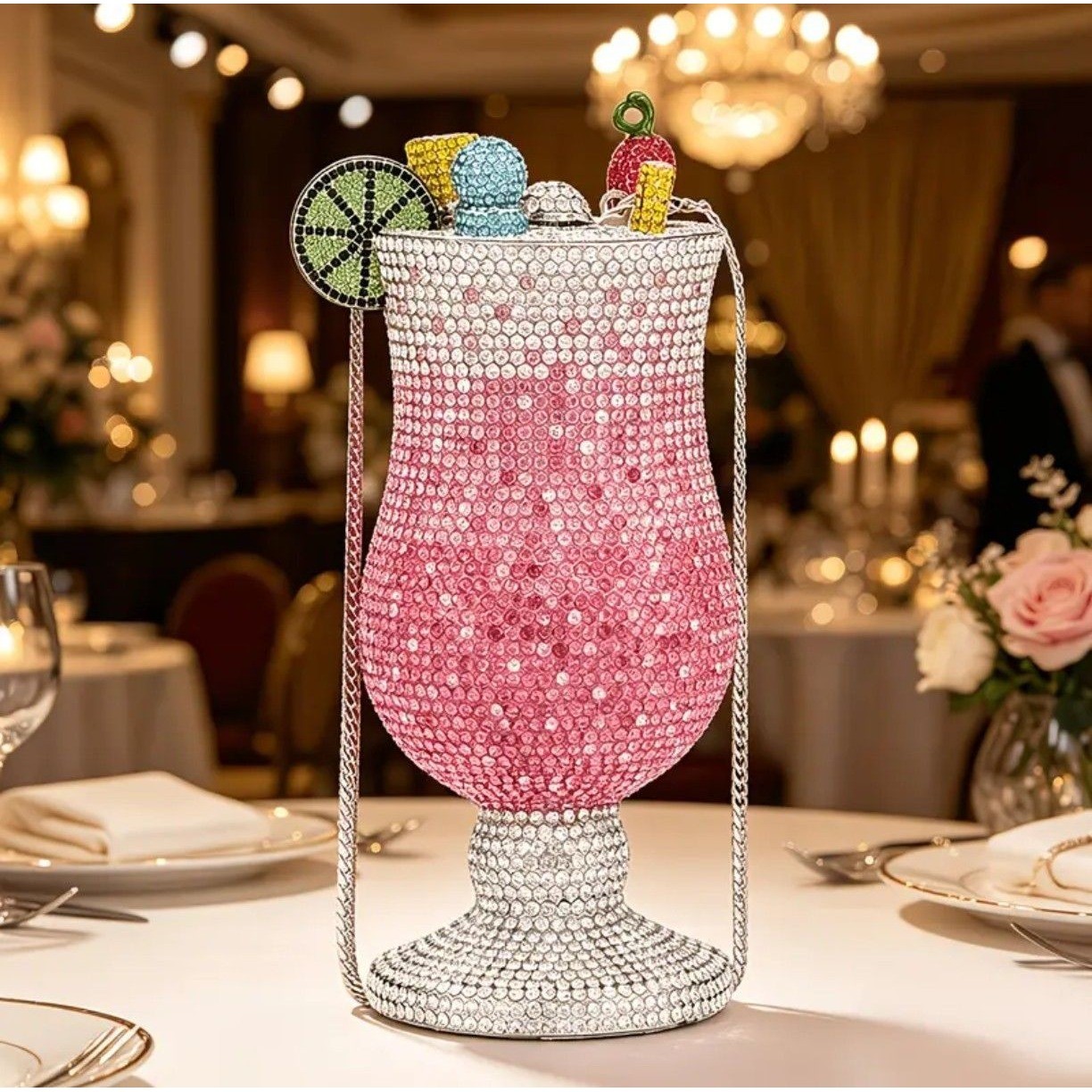 00 JUST ARRIVED - Pink Cocktail Shaped Novelty Evening Bag Rhinestone Crystal