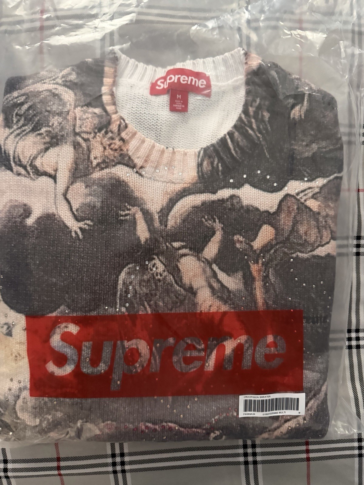 Supreme Men\'s Crucifixion Print Rhinestone Crewneck Sweater