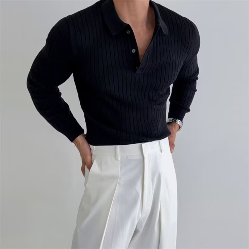 Men\'s Korean Shirt Lapel Sweater Long-sleeved Knitted Shirt Tops Outwear Jacket