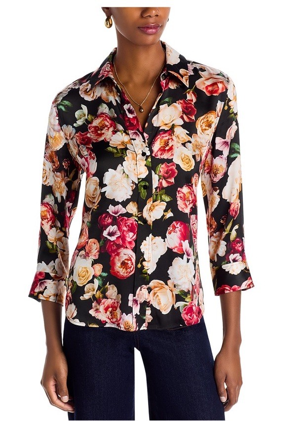 Lagence Dani 100% silk blouse black multi dark floral button top Small $398