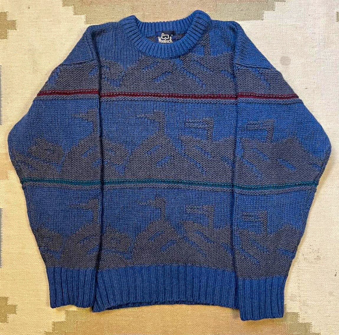 Vintage Woolrich Men\'s Crewneck Wool Blend Pullover Navy Patterned Sweater M
