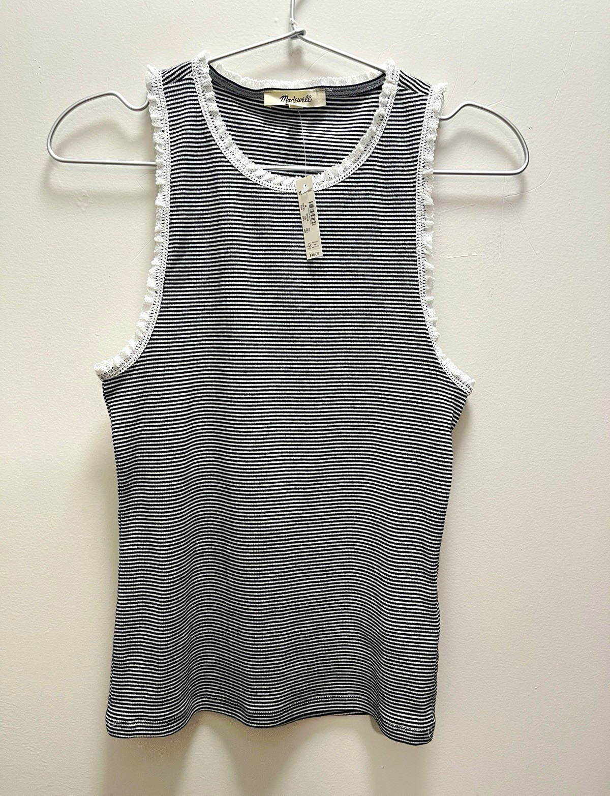 Madewell Women\'s Black/White Striped Scoop Neck Lace Trim Stretch Tank M