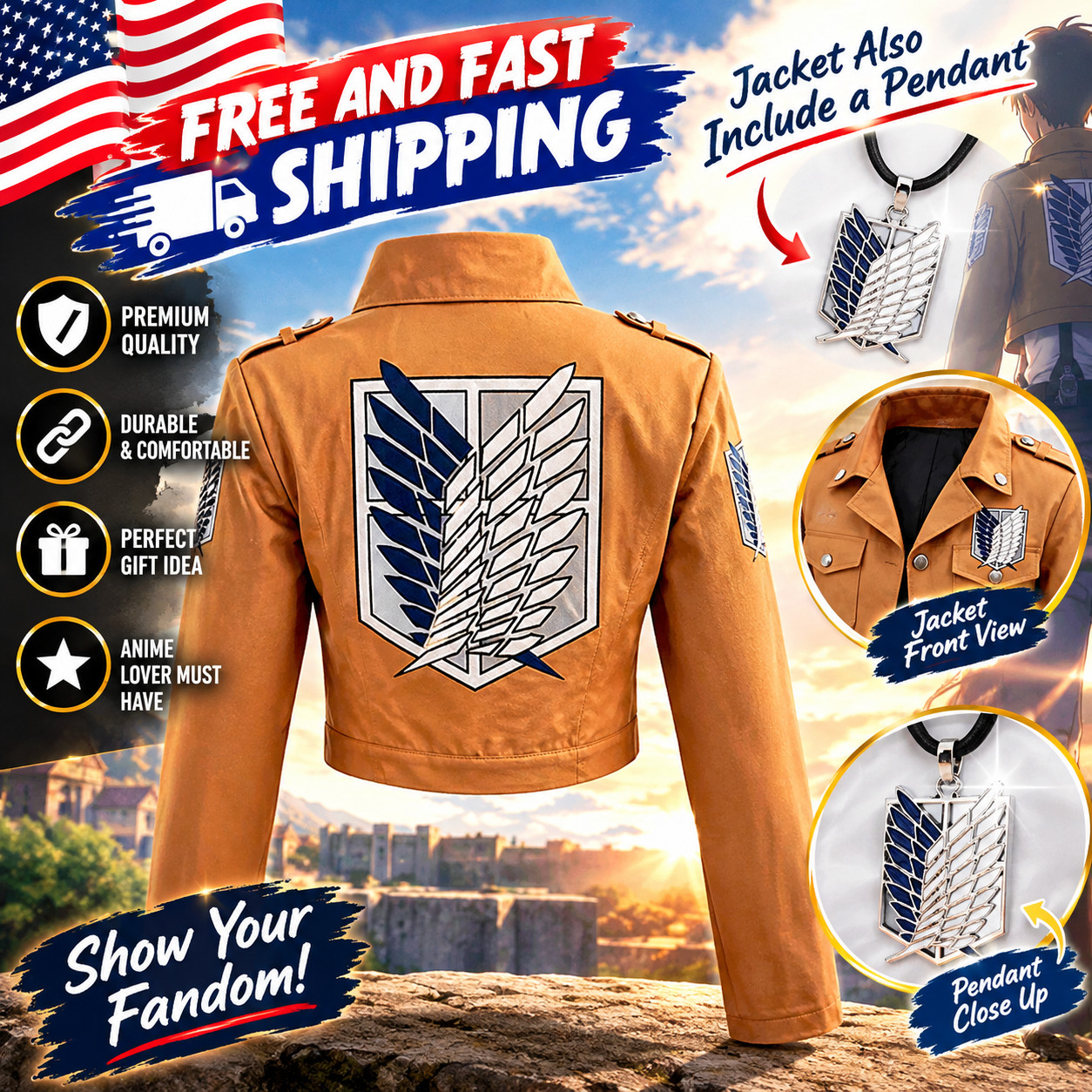 KENMA Attack on Titans Khaki Jacket Scout Regiment Cosplay Costume Survey Corps 