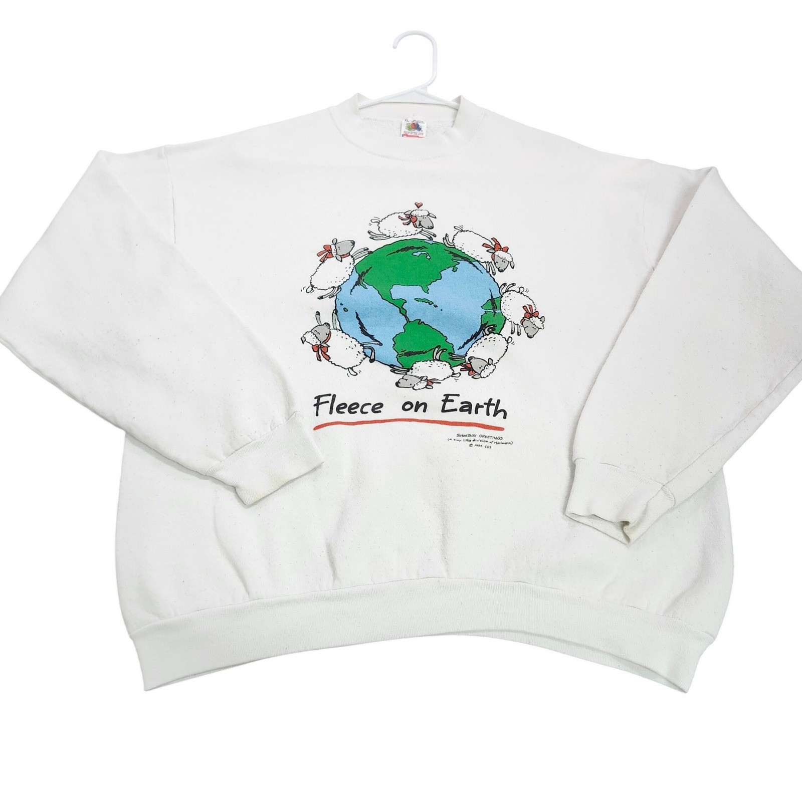 Vintage Fruit of the Loom Fleece on Earth Sheep Christmas Sweatshirt XL White