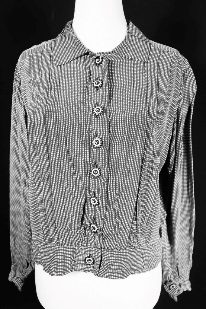 Antique Edwardian-1920\'s French Black & White Check Rayon Print Blouse Large