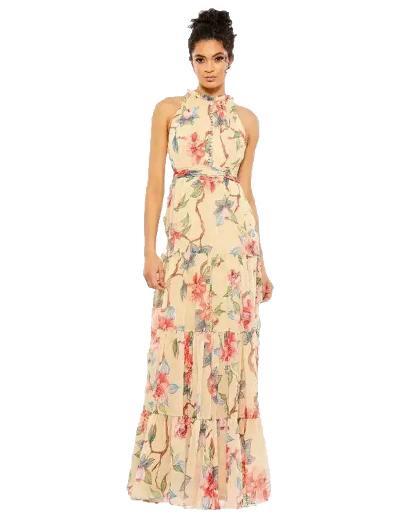 Mac Duggal Nude Multi Floral Chiffon Maxi Dress Size 4 $278