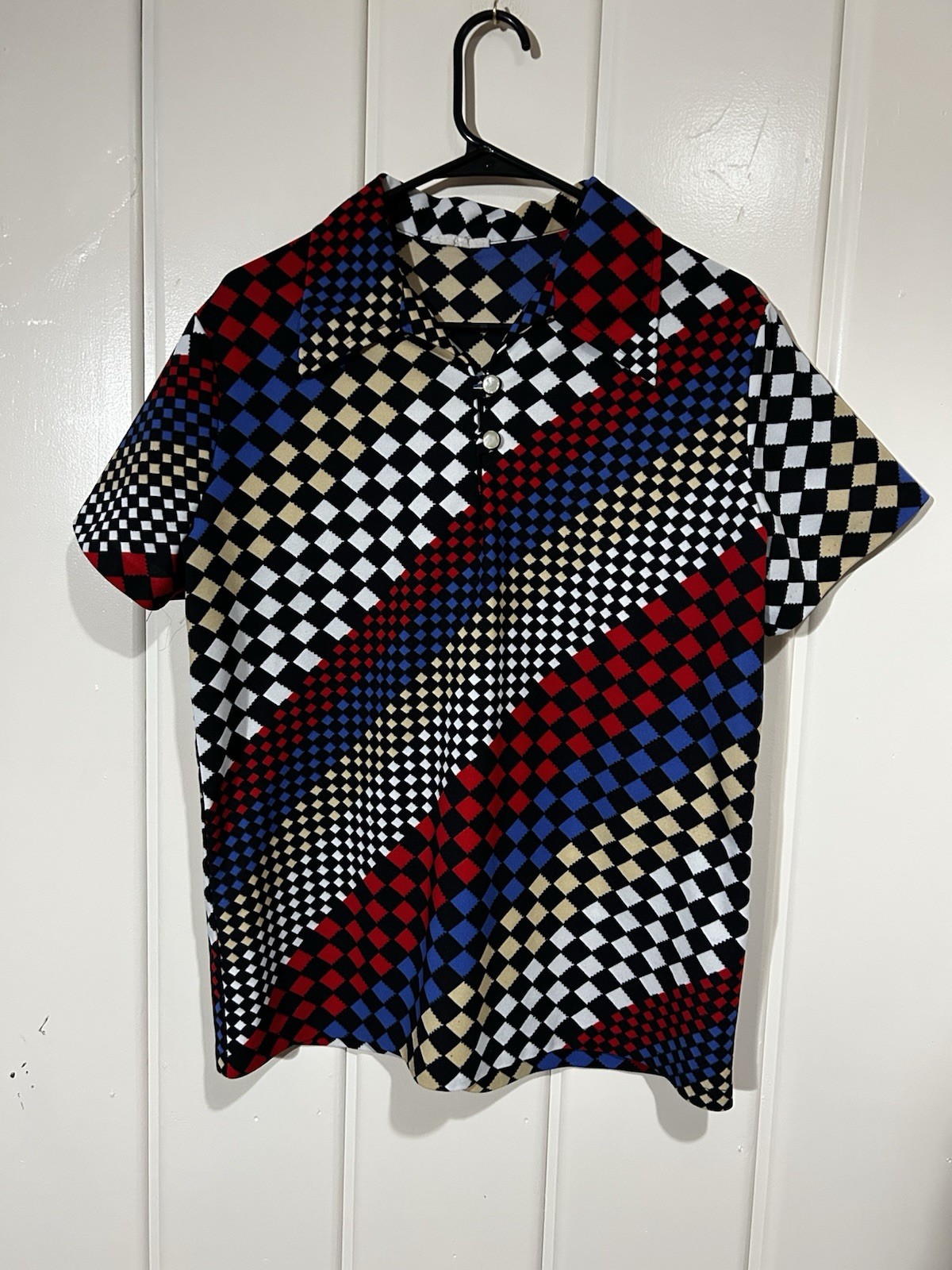 Vintage 70s 80s Mod Checkered Geometric Disco Polo Shirt Red Blue Mens L XL