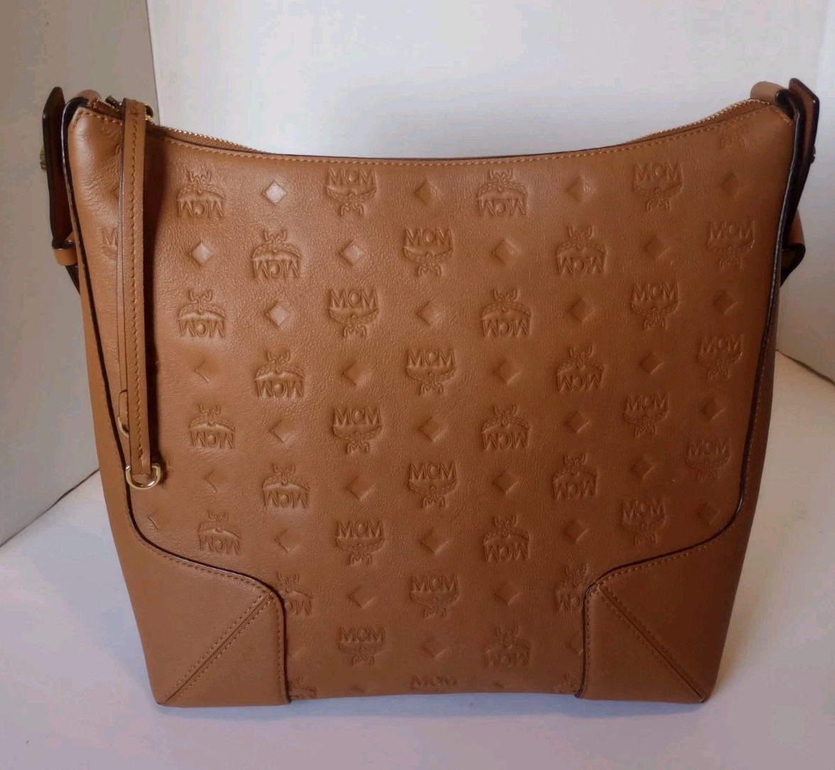 Authentic MCM Medium Klara Pecan Monogram Embossed Leather Hobo Bag W/ Dust Bag
