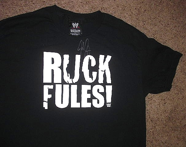 Vintage WWE black RUCK FULES John Cena AUTOGRAPHED Wrestlemania Shirt (fits M)