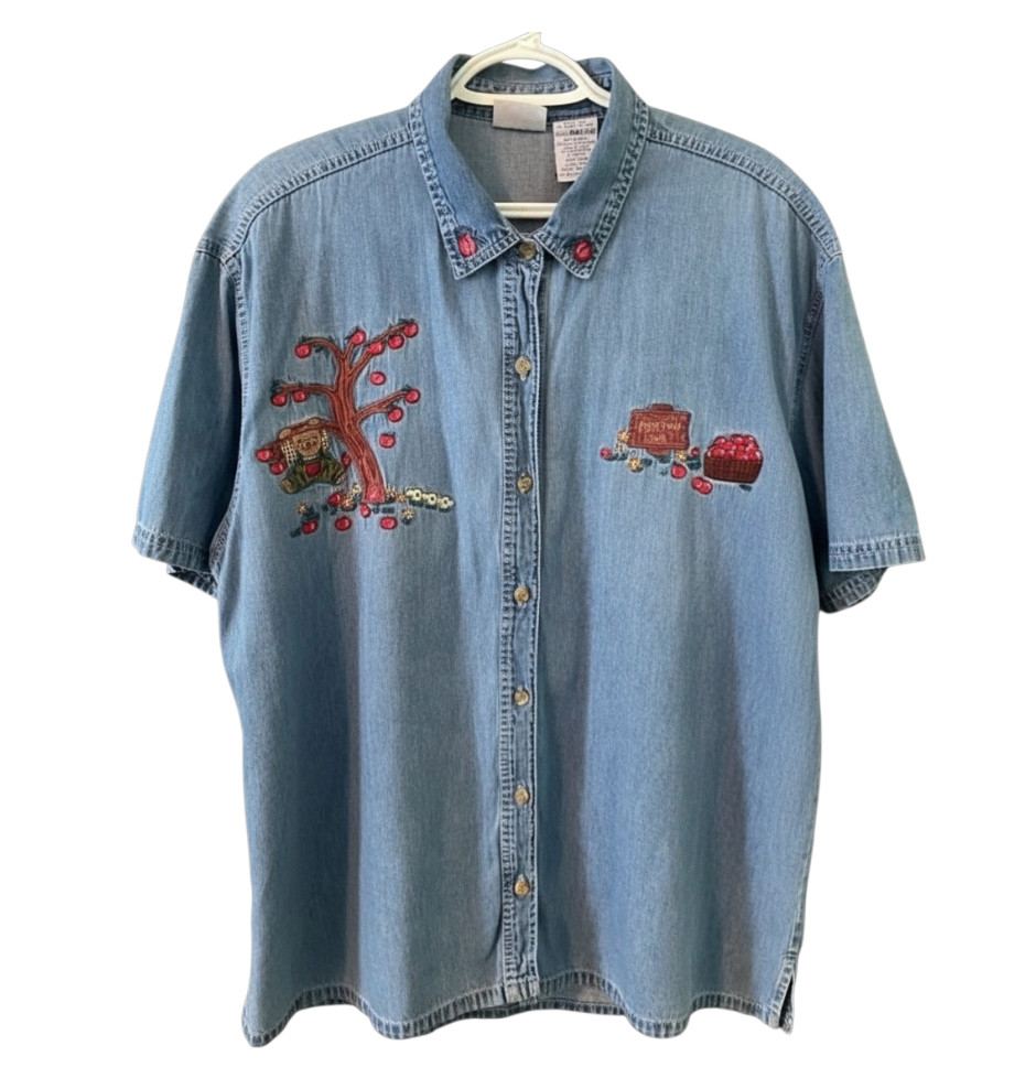 VTG Bobbie Brooks DENIM BUTTON-UP SHIRT TOP Embroidered Apples/Teddy Bear 1X-18W