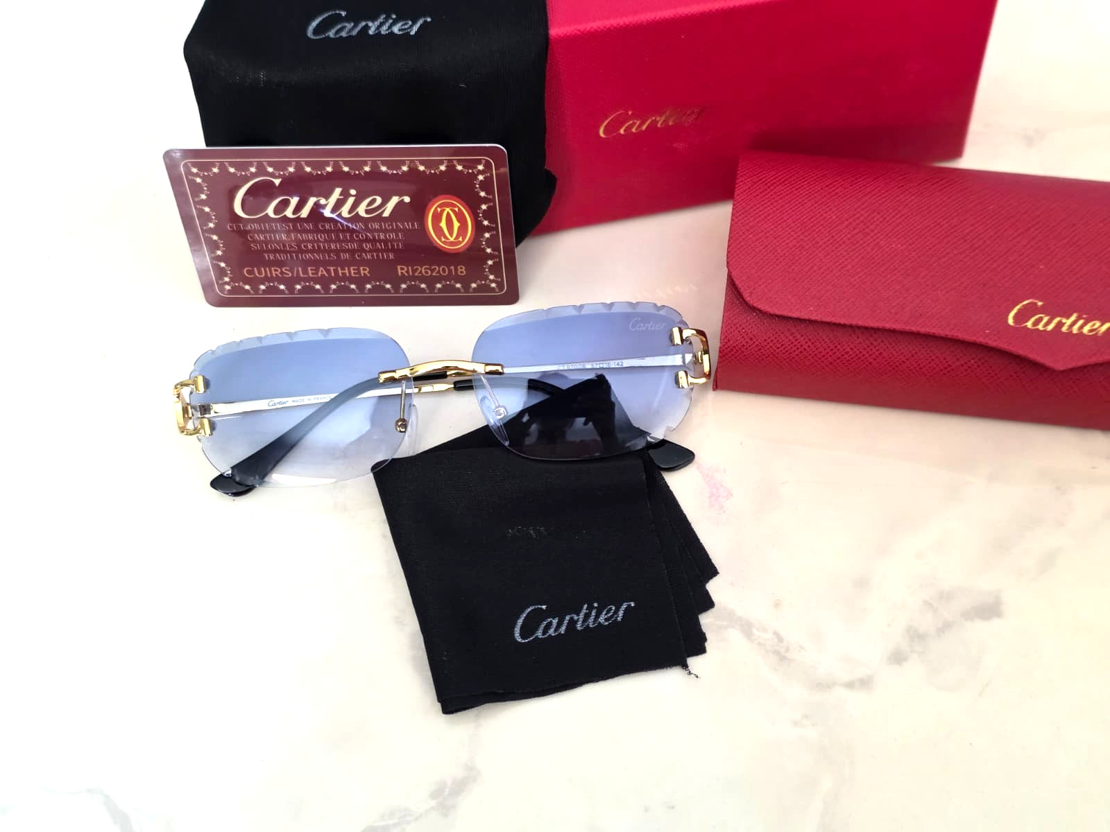 Cartier Big C Diamond Cut blue Fade Frameless Lens golden Frame