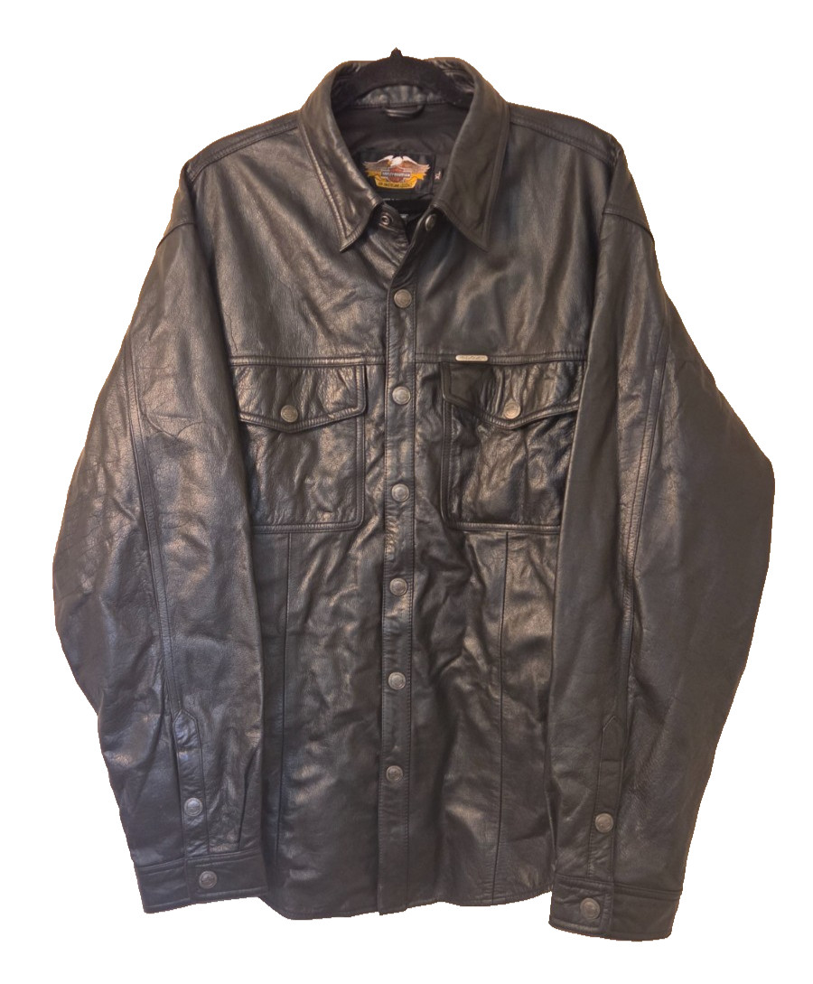 Harley Davidson Black Genuine Leather Snap Front Shacket Jacket Mens Extra Large