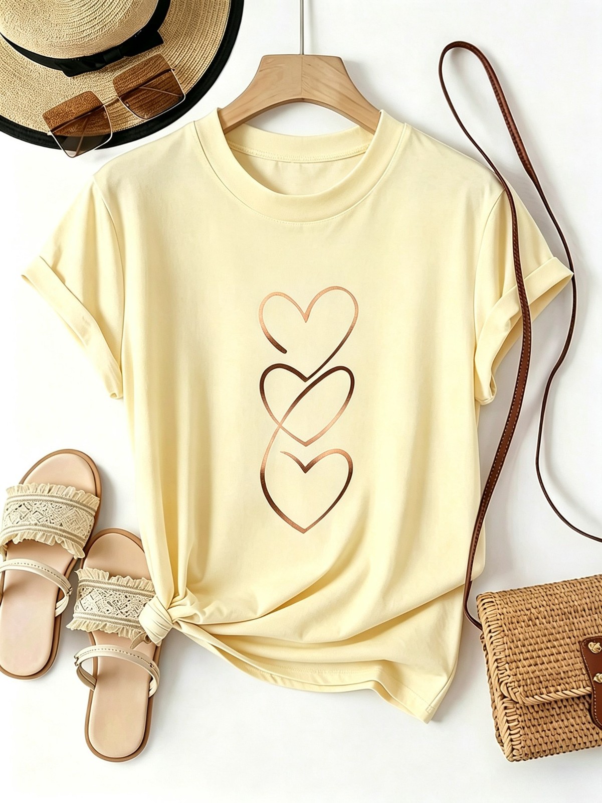 Women's T‑Shirt Elegant Rose‑Gold Heart Simple Versatile Daily Wear Top