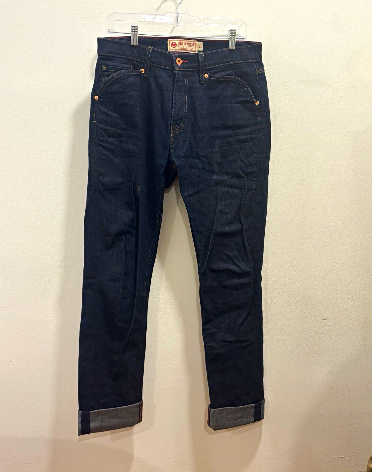 Iron and Resin Men\'s Raw Denim Jeans Slim Straight Dark Blue 32x32 Button