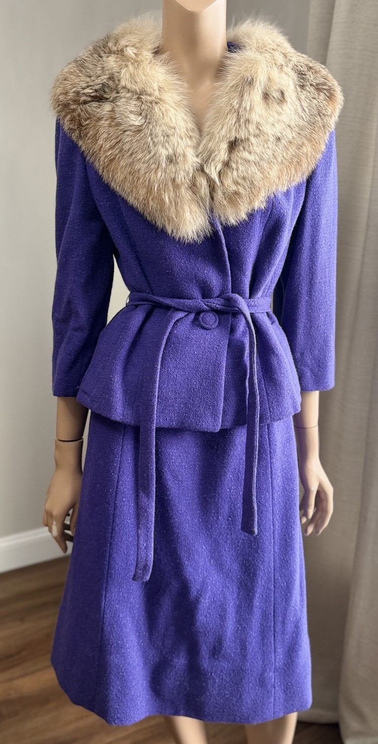 Vtg Zelinka Matlick Purple Wool Skirt Suit Set Stroock Fabric w/ Fur Collar