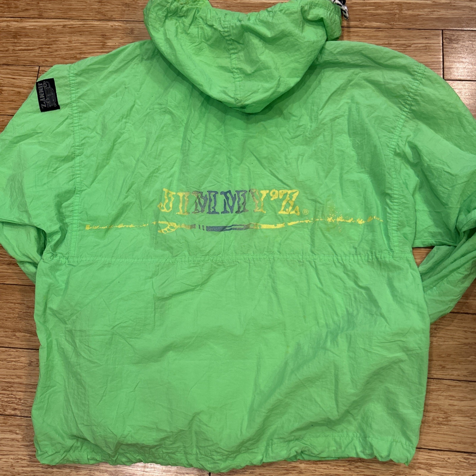 Vintage 80s Jimmyz Lime Green Oversized Nylon Windbreaker Hooded Jacket F