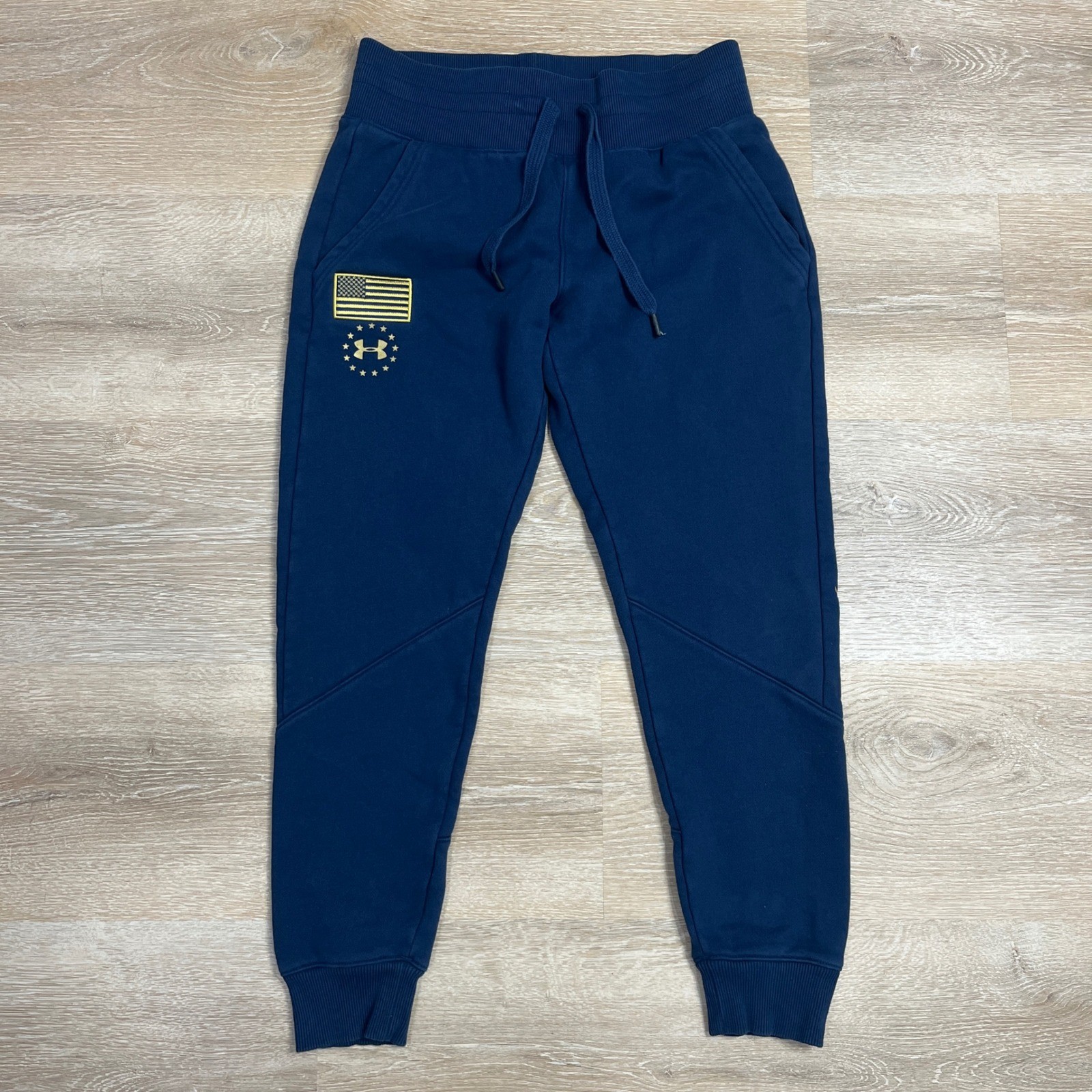 Under Armour Project Rock Respect Joggers Navy Blue Gold Small SM Fleece Pants