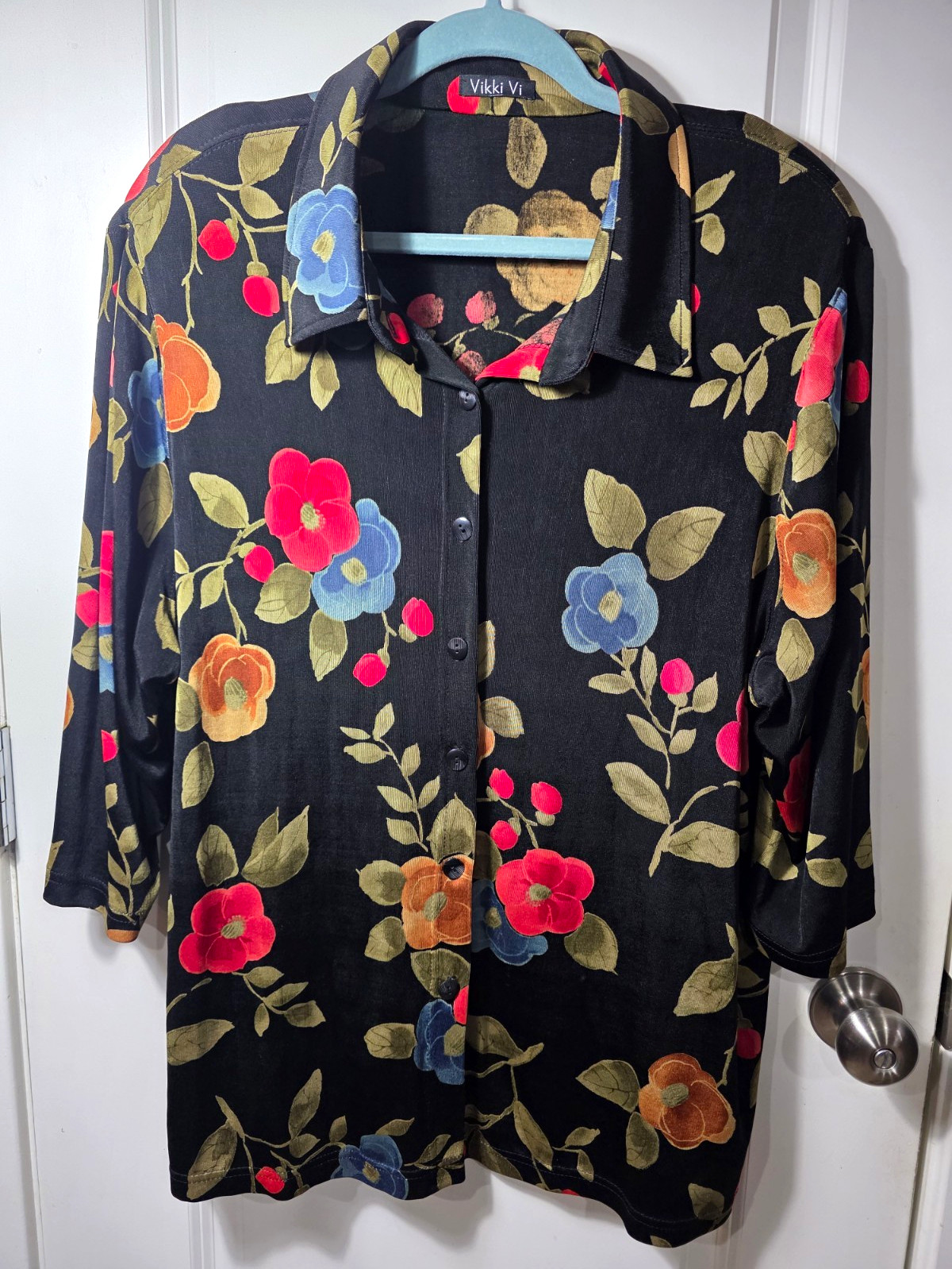 VTG Vikki Vi Womens Plus 2X Black Multi Color Floral Slinky Blouse Top USA
