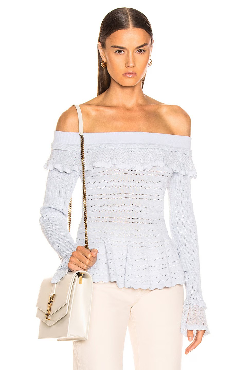 NWT $700 Jonathan Simkhai Light Blue Lacey Applique Off Shoulder Blouse & Skirt