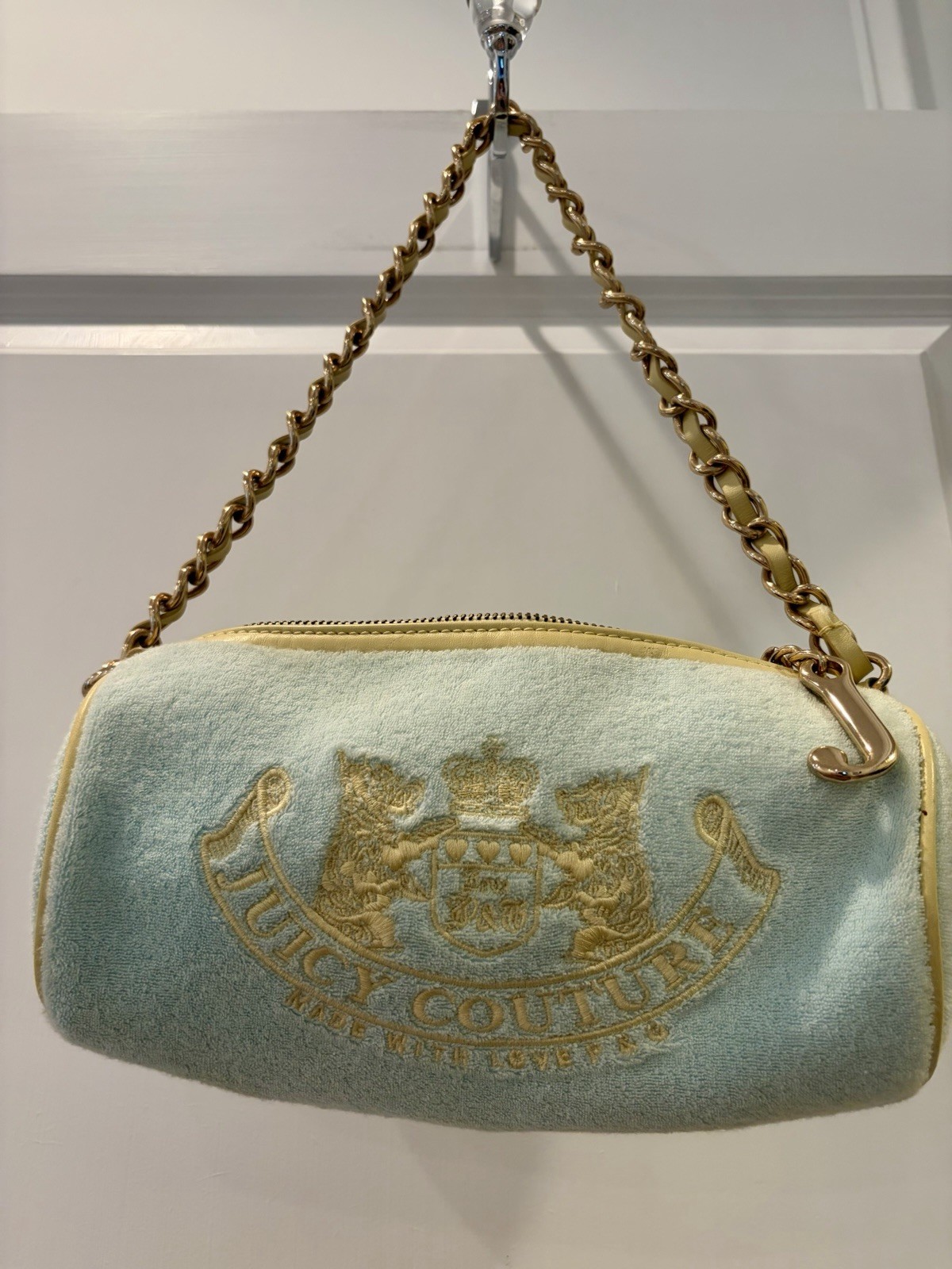 VINTAGE Y2K Juicy Couture Pale Blue Velour Barrel Bag With Heart Charm & J Pull