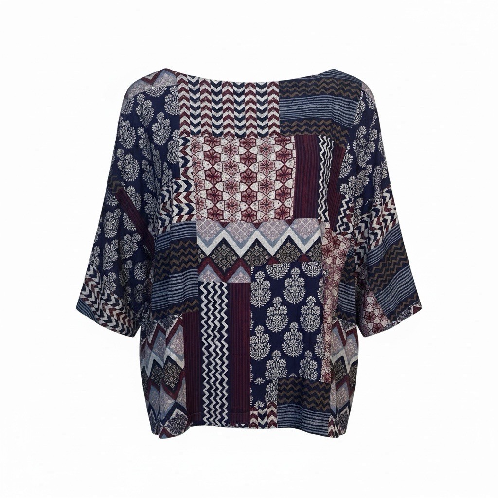 Pure Jill J. Jill Blouse Large Organic Cotton Patchwork Lagenlook Relax Fit