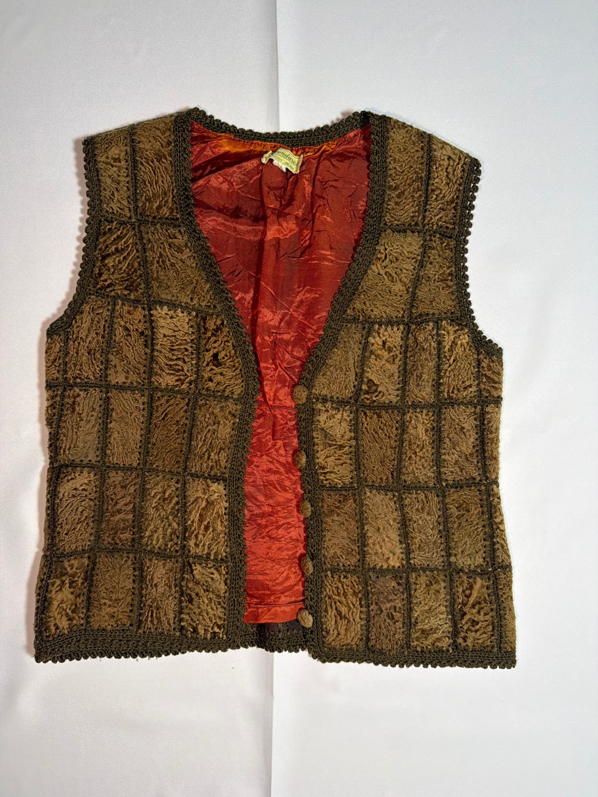 Vintage 70s Mondare Patchwork Shearling Fur Vest Crochet Boho Hippie Rocker S M