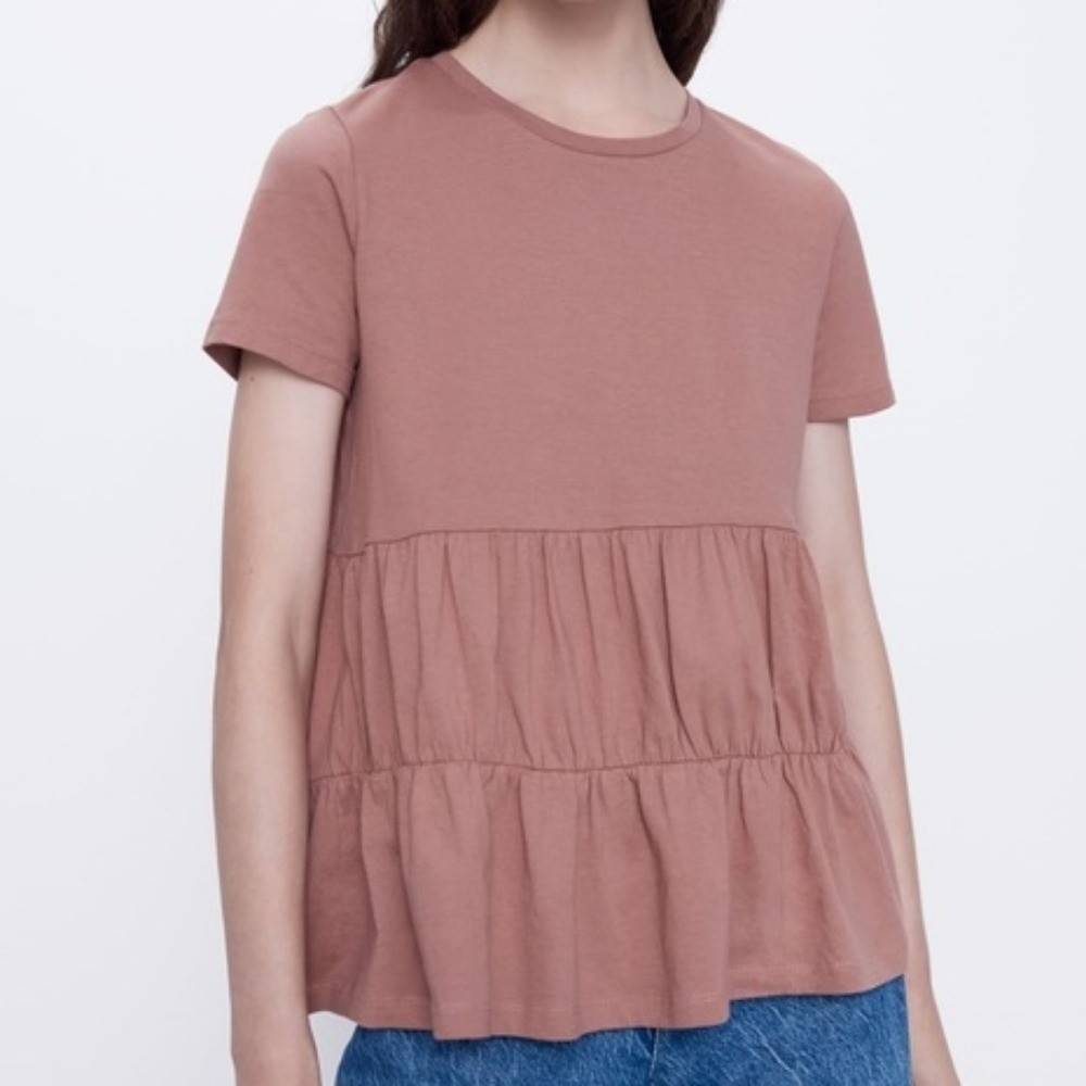 Zara Blush Pink Ruffled Short Sleeve Tiered Tee Shirt | Size L