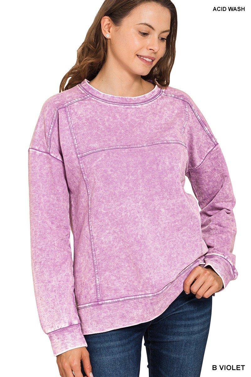 Zenana TTW-5354Y Exposed Seam Acid Washed Sweatshirt Bright Violet