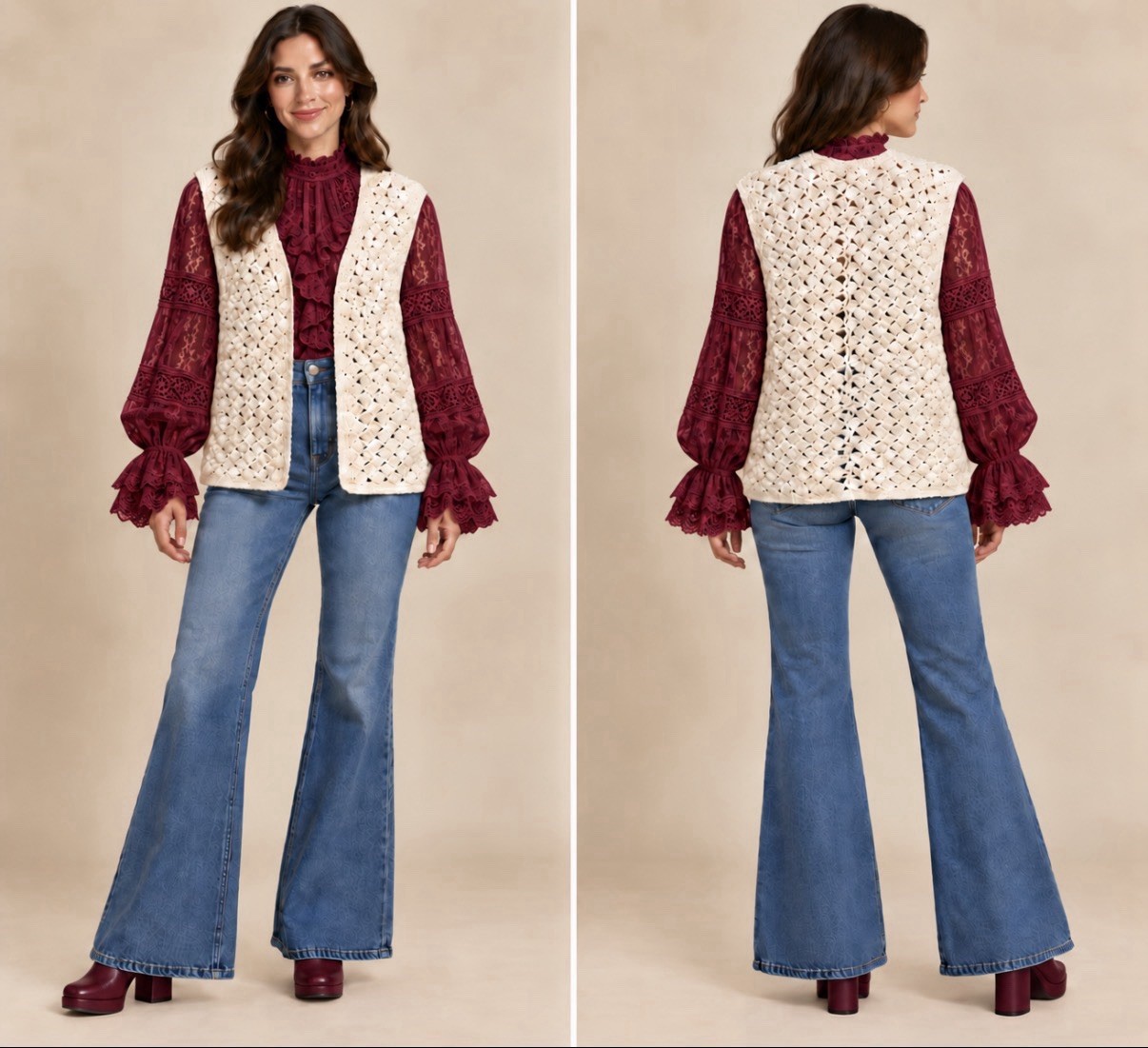 Handmade Crochet Vest Womens Ivory Cream Open Front Boho 70s Sweater Vest