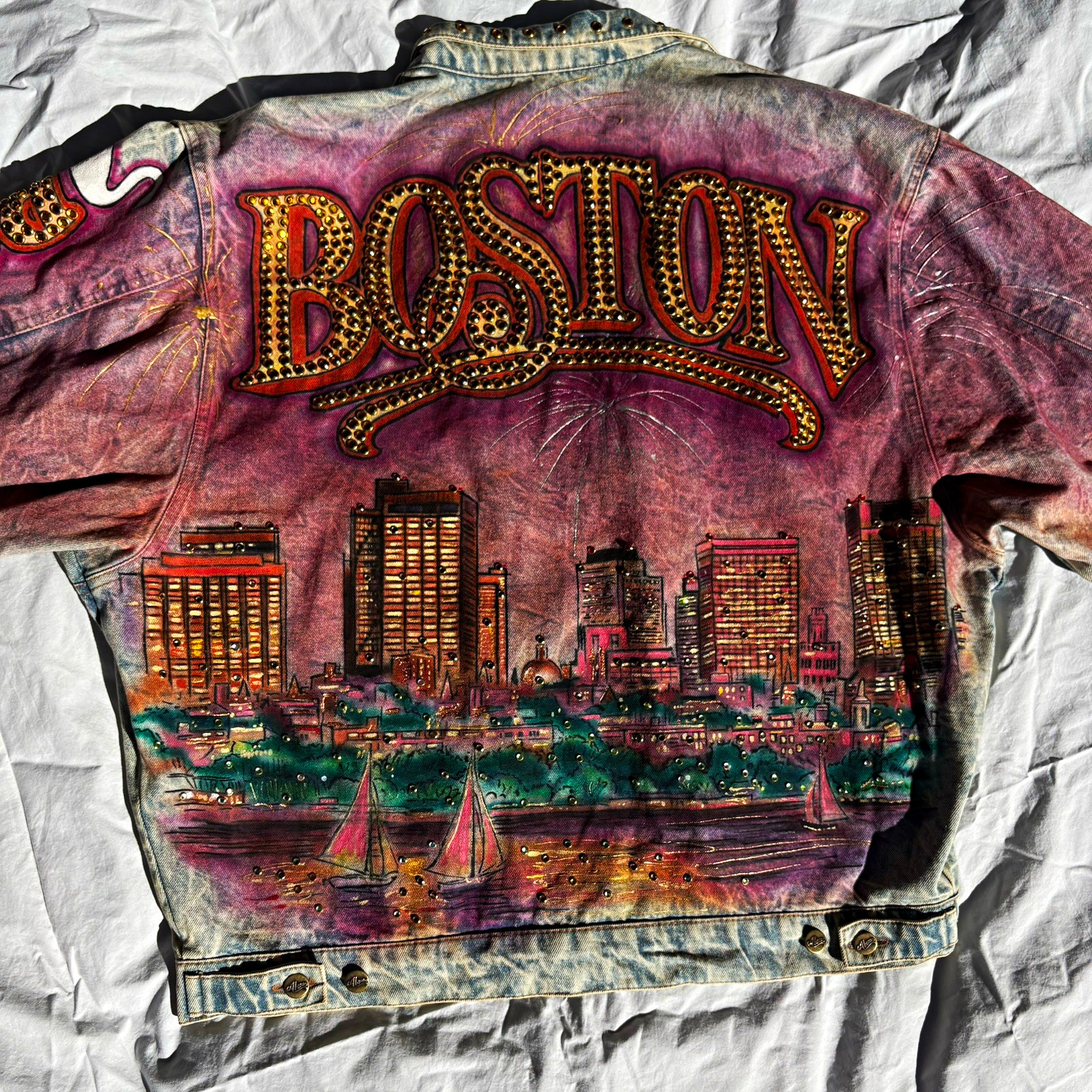 Tony Alamo of Nashville 1987 BOSTON Rhinestone Denim Jacket Vintage Unworn L