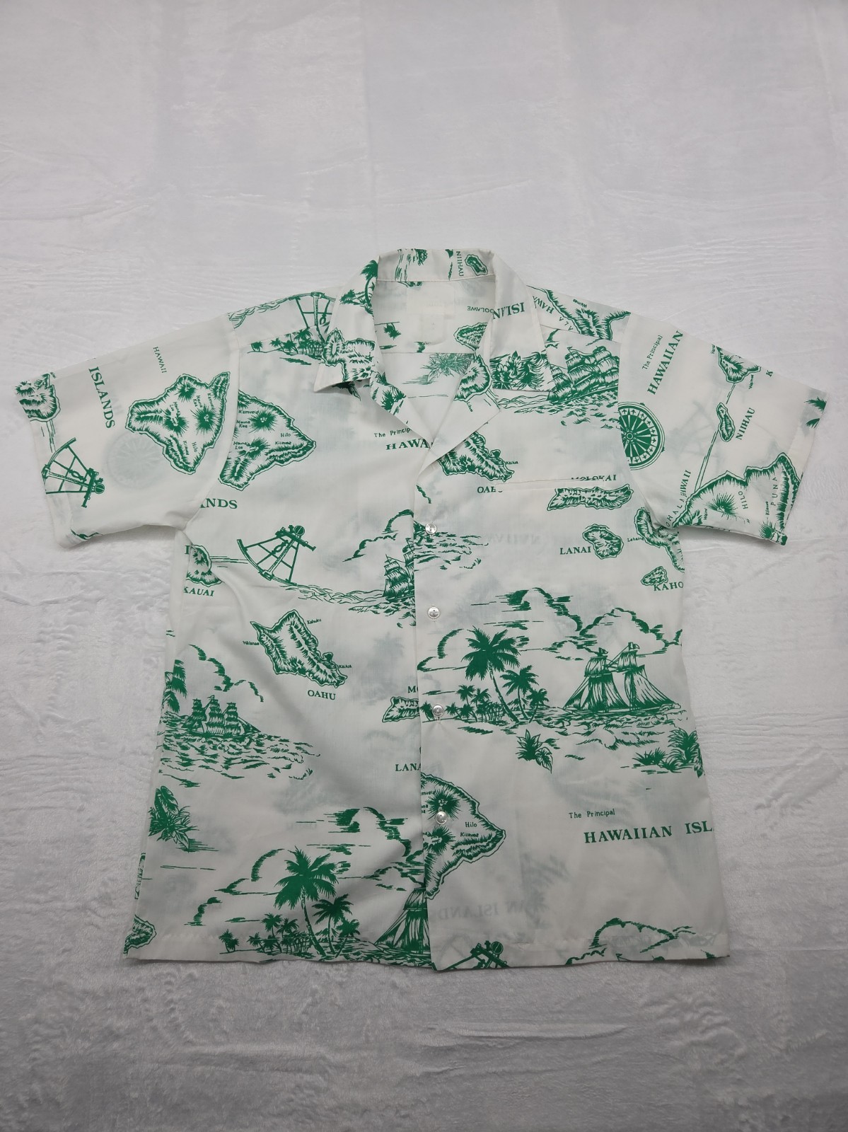 Vintage 50s 60s Hawaiian Casuals Stan Hicks Map Shirt Island Chart Green Medium