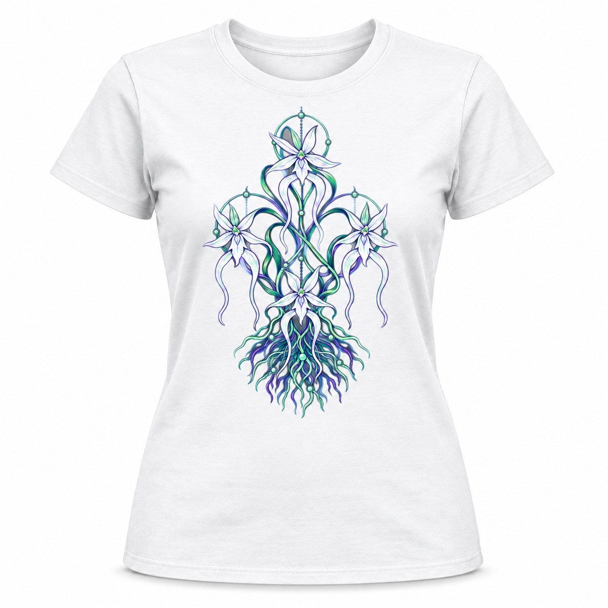 Orchid Flowers Vines Stained Glass Art Nouveau Graphic Womens T-Shirt Gift