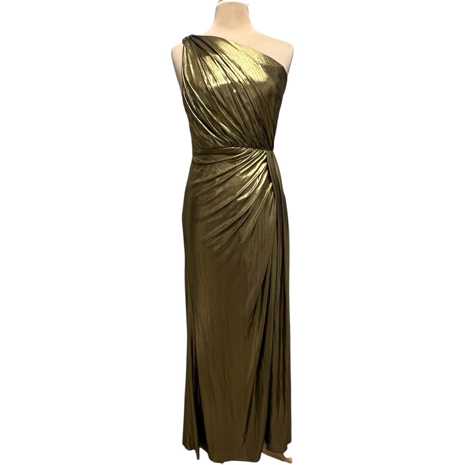 NWT Ieena for Mac Duggal Metallic Draped One Shoulder Grecian Gown Dress Gold 8