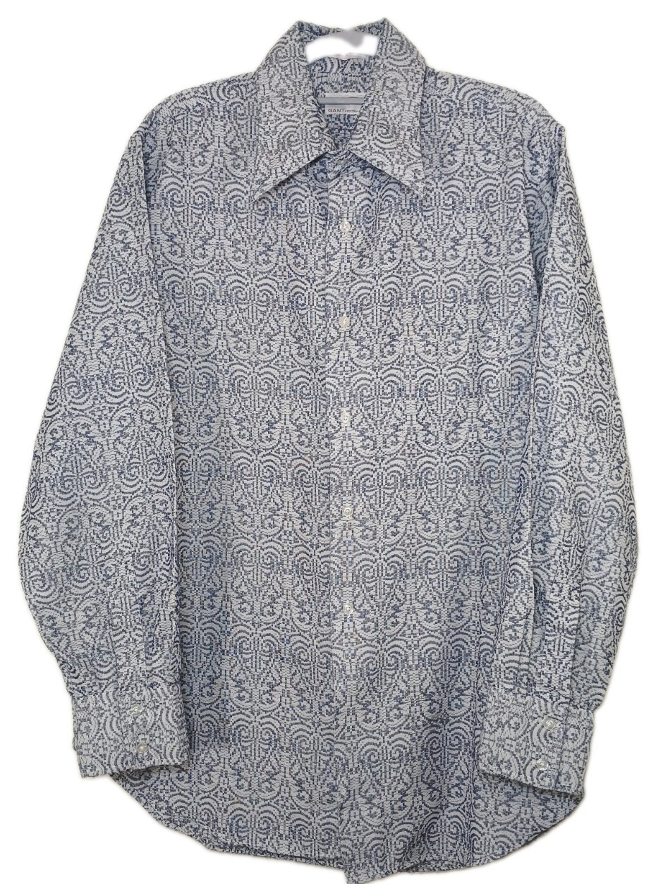 VTG 60s Brills Colony Shop Men\'s LG Paisley Tapestry Dress Shirt EUC Blue & Wht