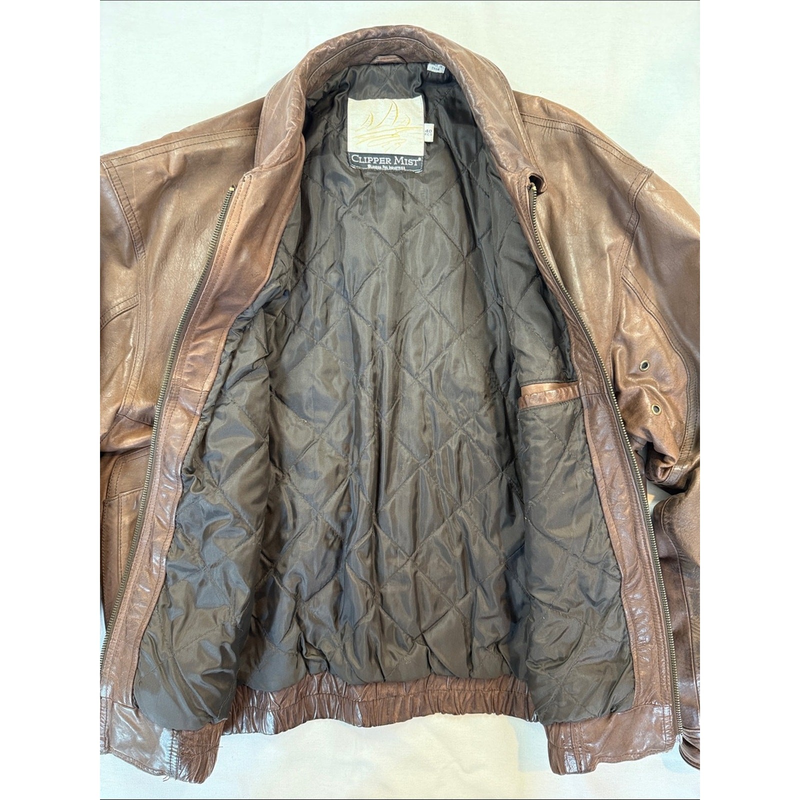 Clipper Mist London Fog Leather Bomber Jacket 90s Brown 40R