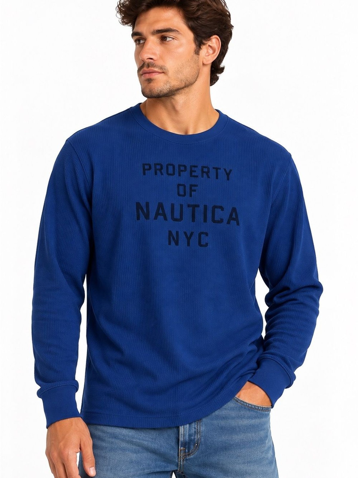Nautica Men’s XL Blue Property of Nautica NYC Waffle Knit Long Sleeve Shirt