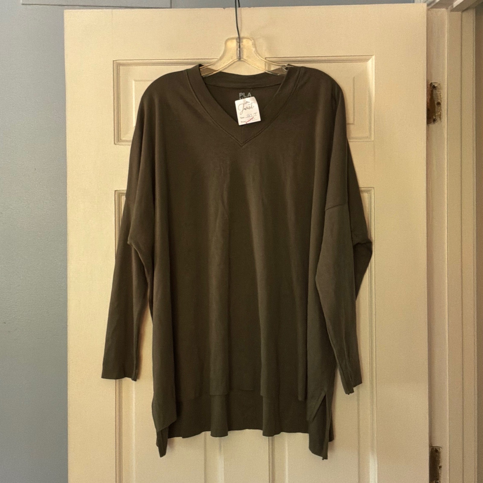 Planet by Lauren G Olive Green Pima Cotton V-Neck Oversized Tunic OS NWT