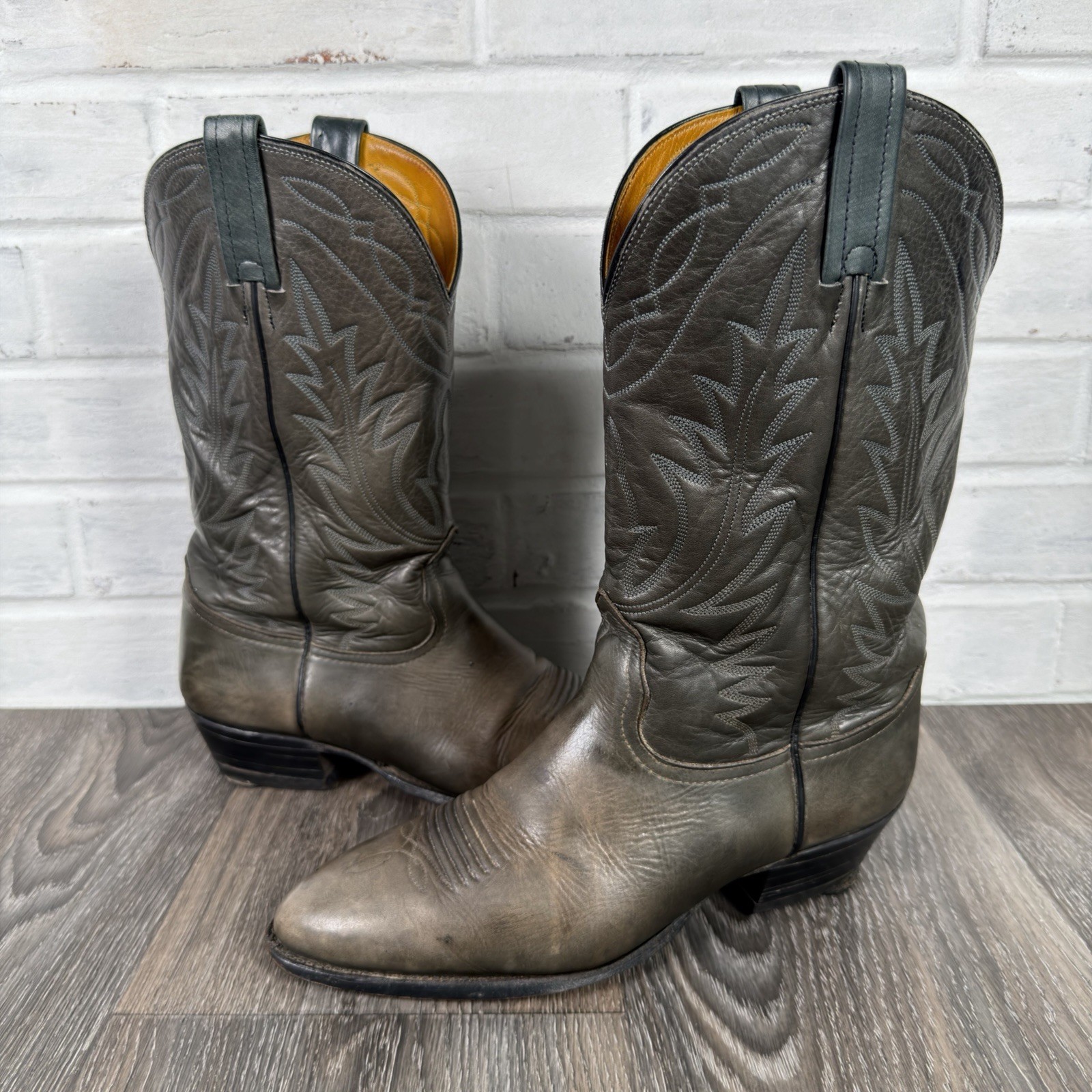 Vintage Nocona Cowboy Boots Men’s 8.5 D Grey Green Hint Leather Western Marbled