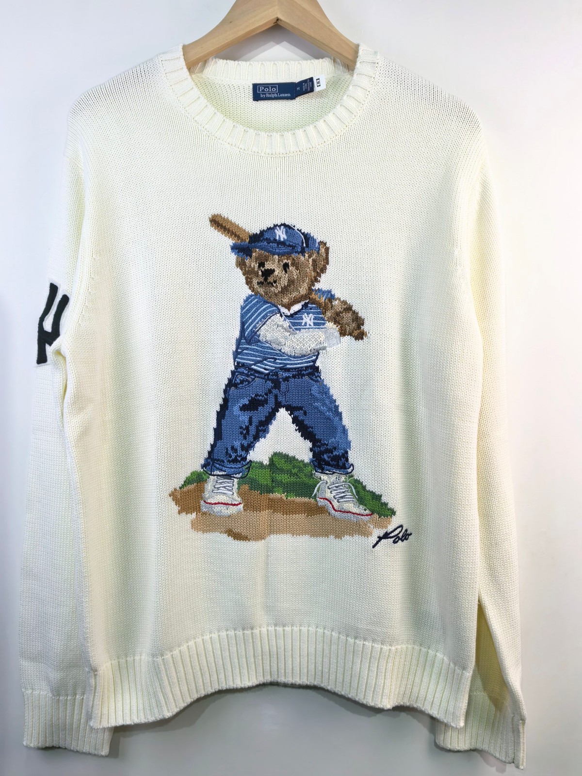 Polo Ralph Lauren Polo BEAR Knit White NY BASEBALL Jumper COTTON WOMEN\'S S new