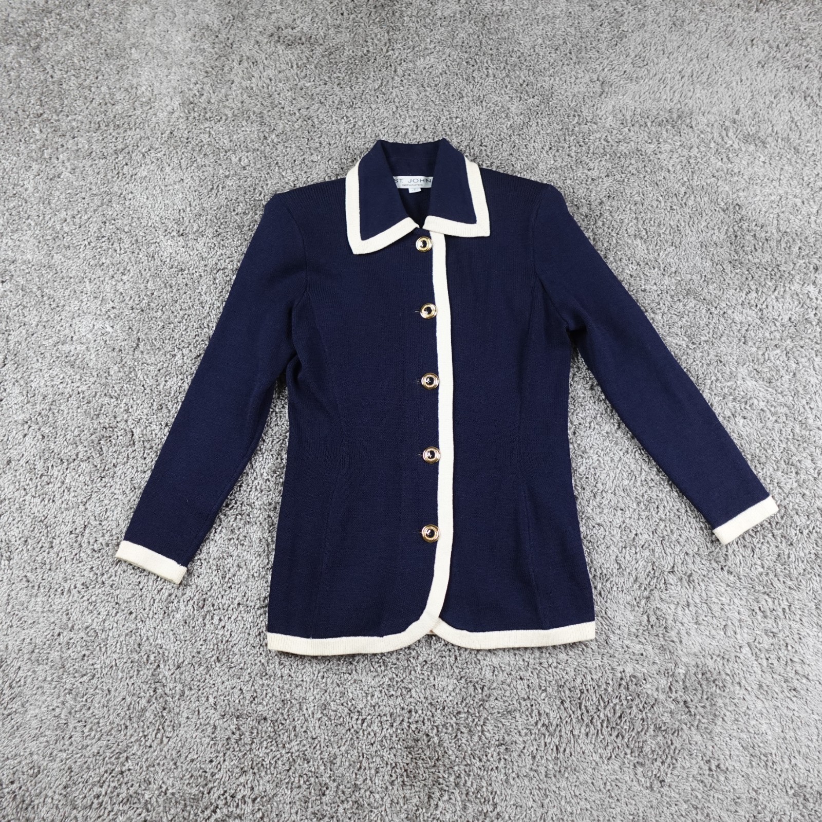 St John Evening Blue Coat Dress Size 4 Golden Crystal Domed Buttons Exquisite