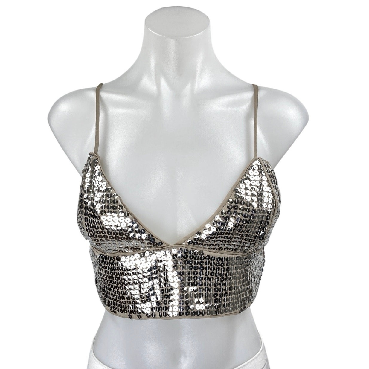 NBD Silver Beige Sequin Metallic Sleeveless Cami Camisole Tank Crop Top Size S