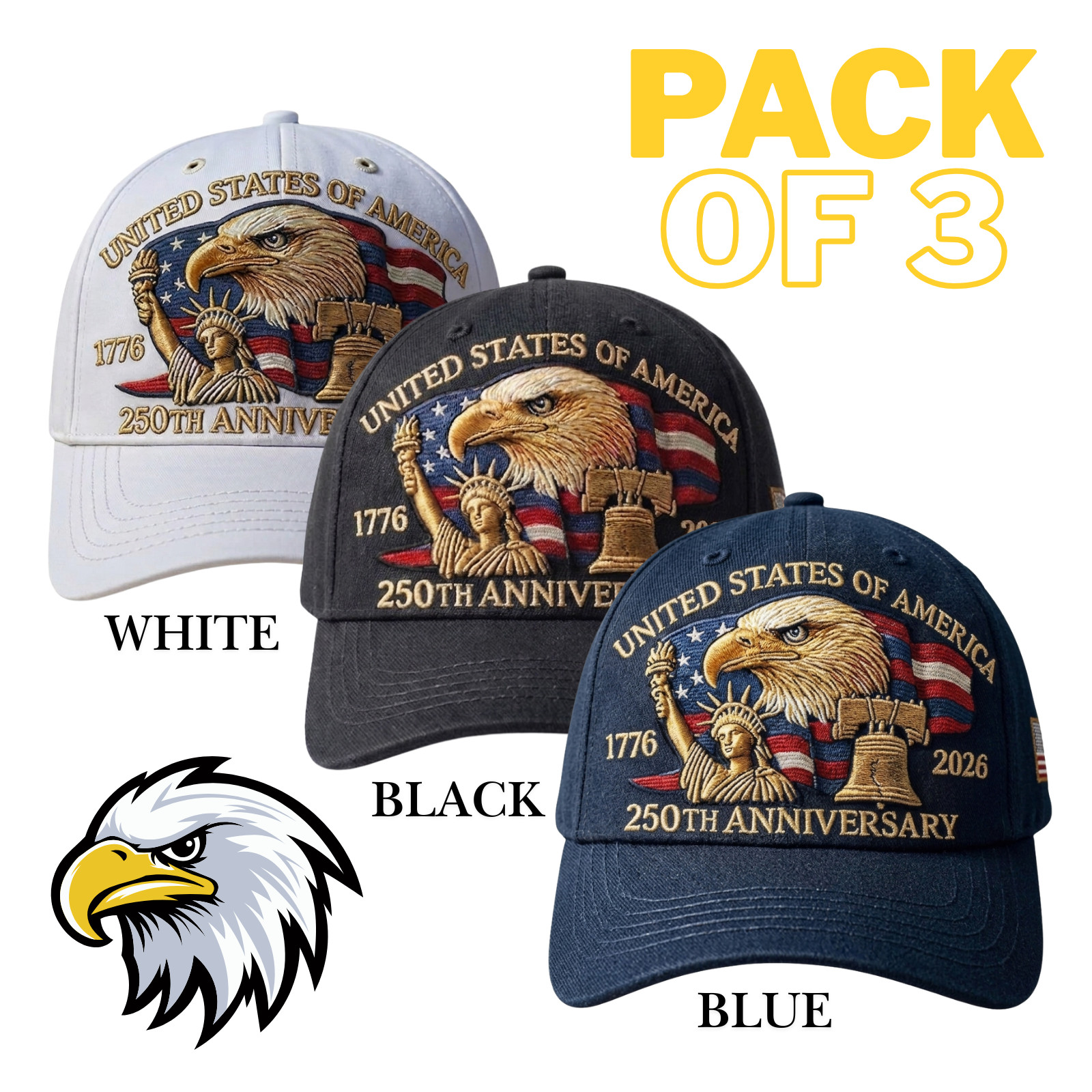 USA 250th Anniversary Cap Veteran Gift Embroidered Adjustable strap Pack of 3