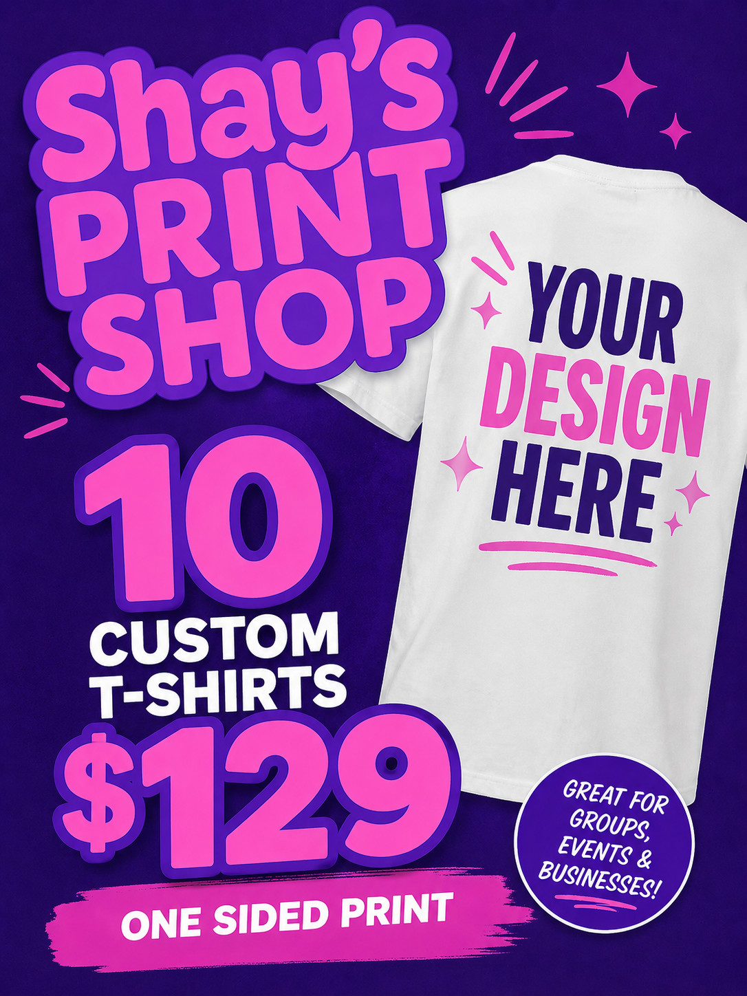Bulk 10, 20, 50 Custom T-Shirts $129, $200, $400 One Side Print S-3XL Fast 