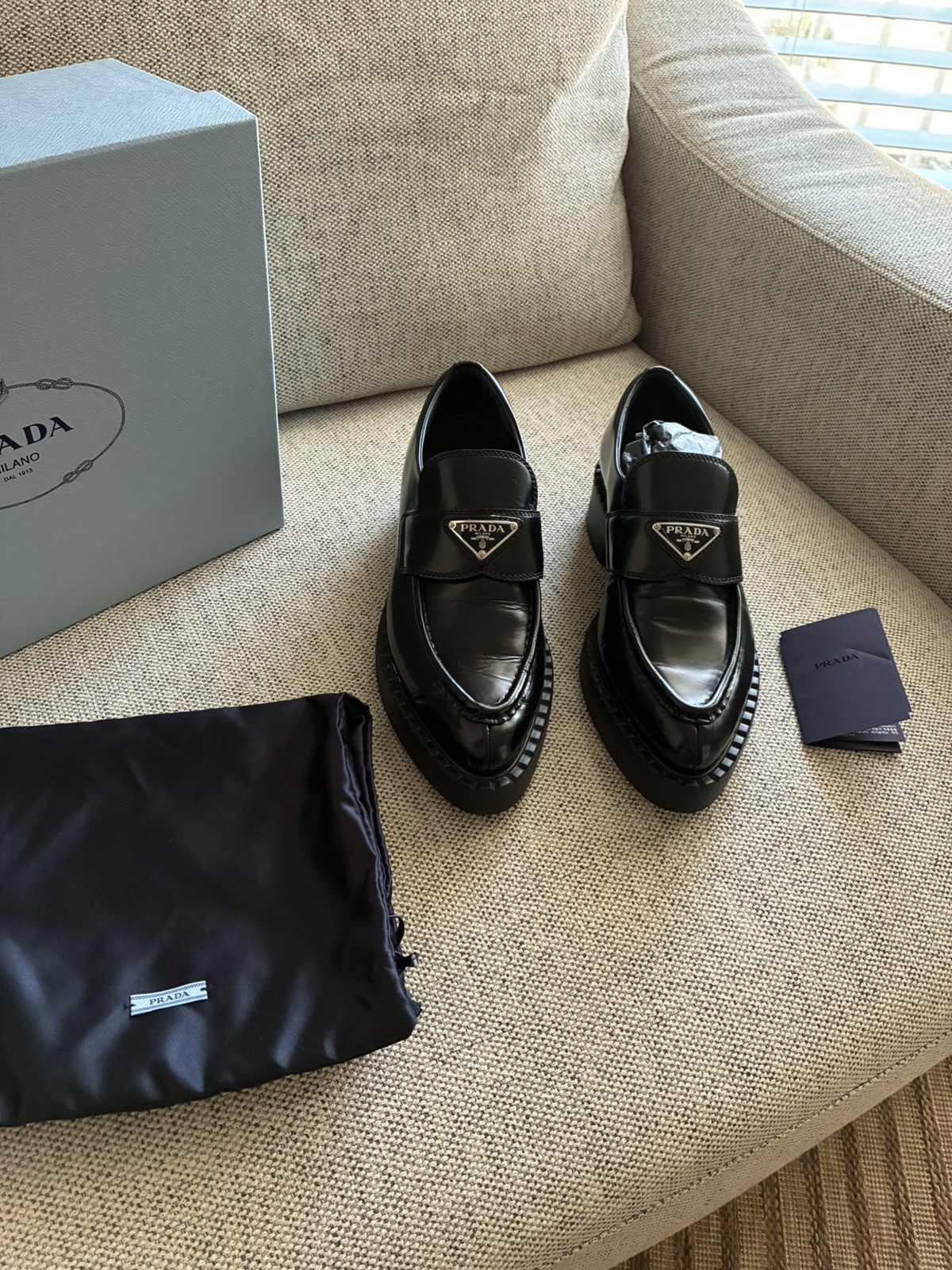 100% Auth. PRADA Spazzolato Loafers Shoes Size 38.5