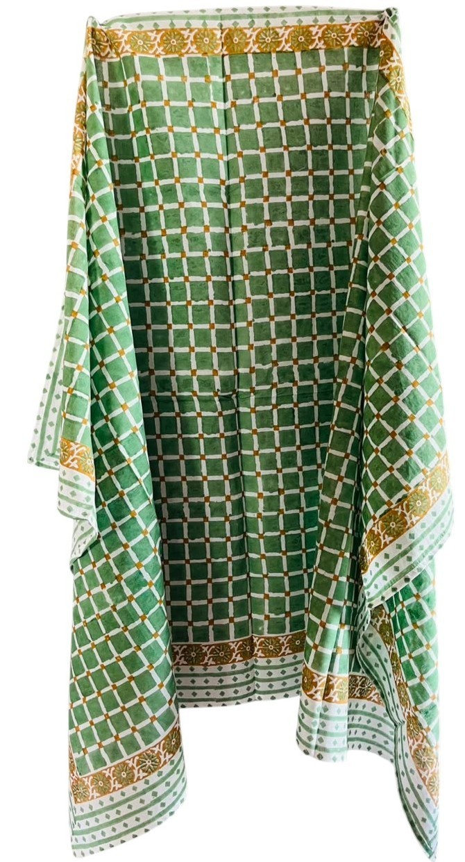 Green Checkered Handblock Printed Cotton Beach Coverup Pareo Sarong for Women